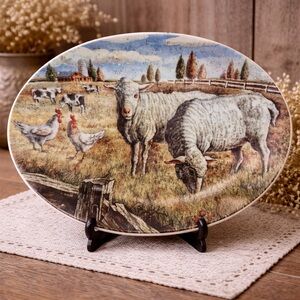 Primitive Farmhouse White Lamb Sheep Decorative Ceramic Plate